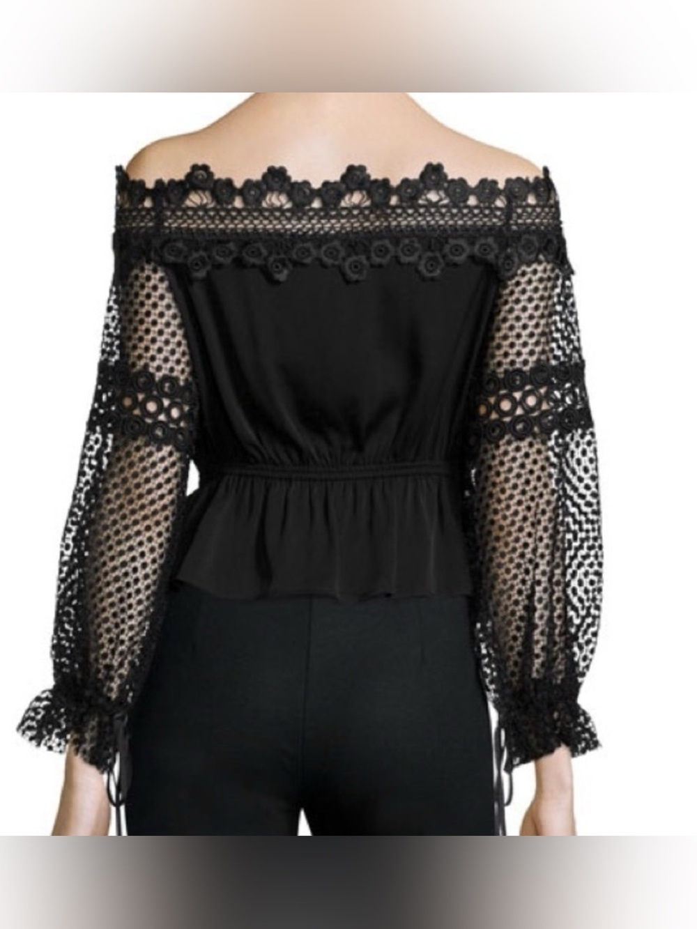 self-portrait Women’s 4 Black Solid Lace Off-Shoulder LS Peplum Blouse SP8-009 - Picture 4 of 8
